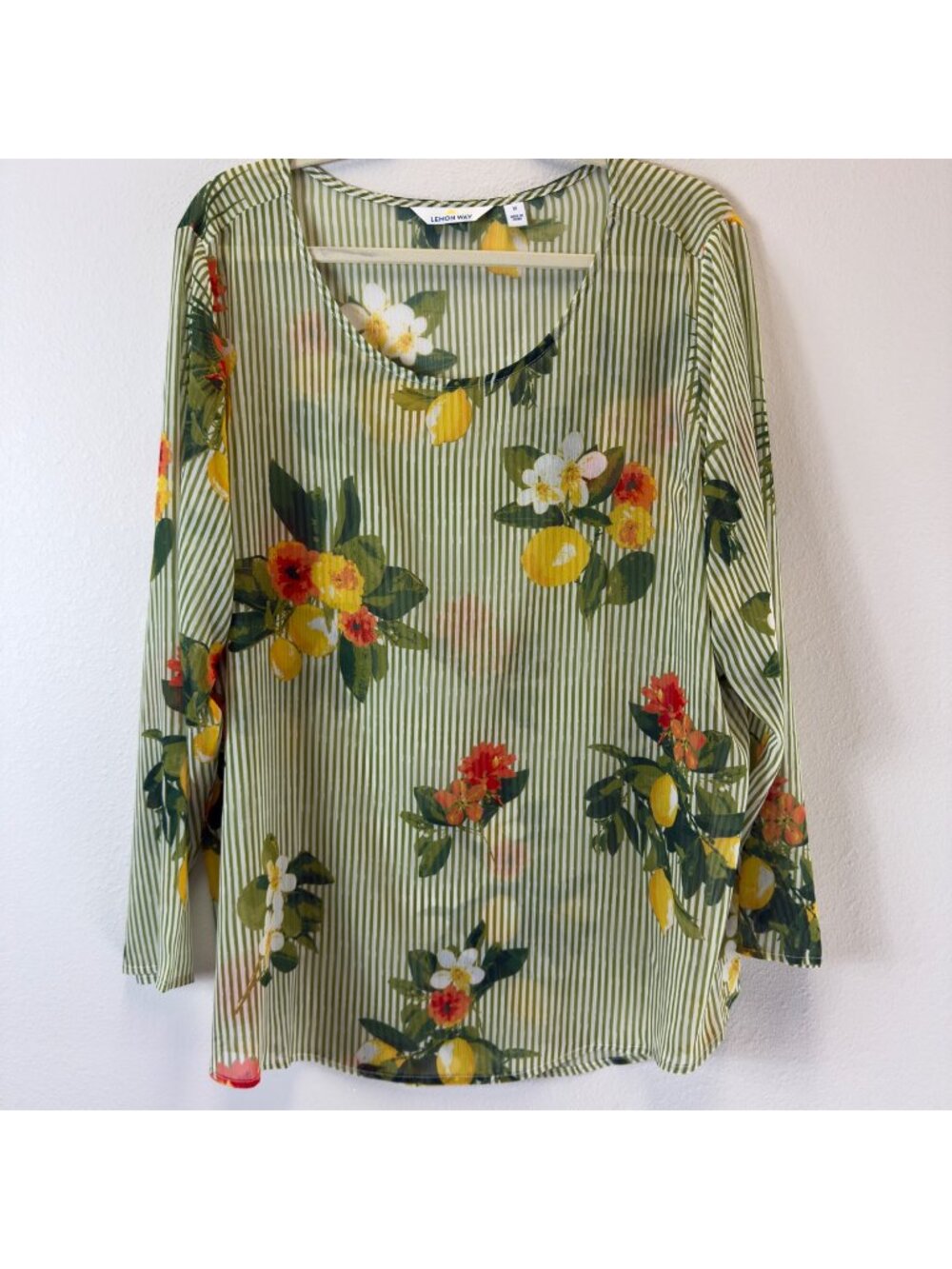 Lemon Way Women's 1X Sheer Chiffon Tunic Top Green Floral Tropical Coverup